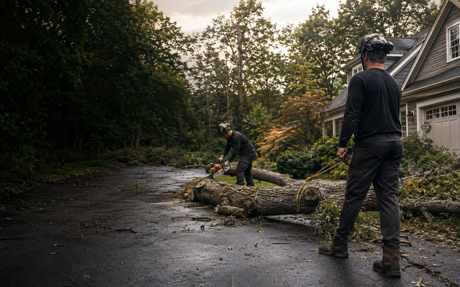 Professional tree crew clearing a fallen limb from a driveway after a storm