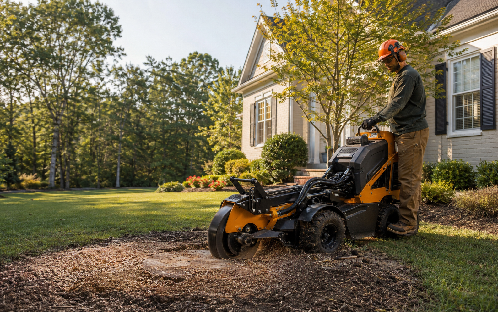 Professional stump grinding service in a manicured residential yard